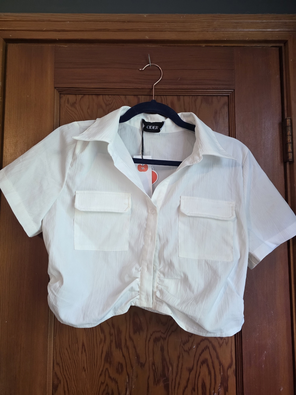 Cider White Cropped Button-Up Short Sleeve Shirt
